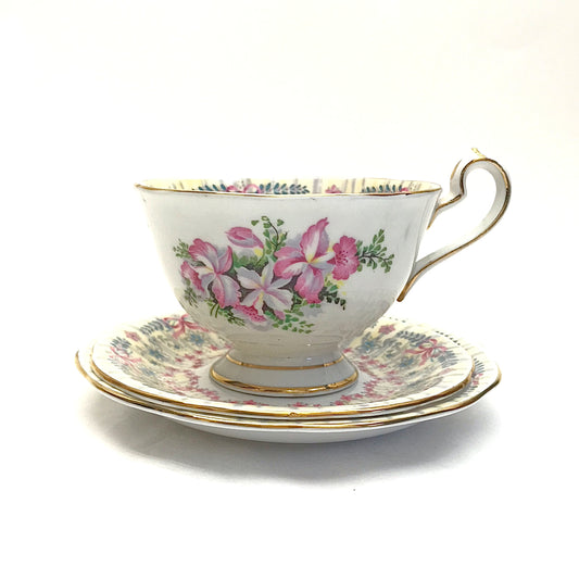 Queen Anne Royal Bridal Gown Teacup, Saucer, and Dessert Plate, 1949