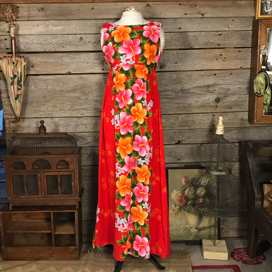 Red Hawaiian Bark Cloth Floral Sleeveless Dress, Empire Waist Ui-Maikai