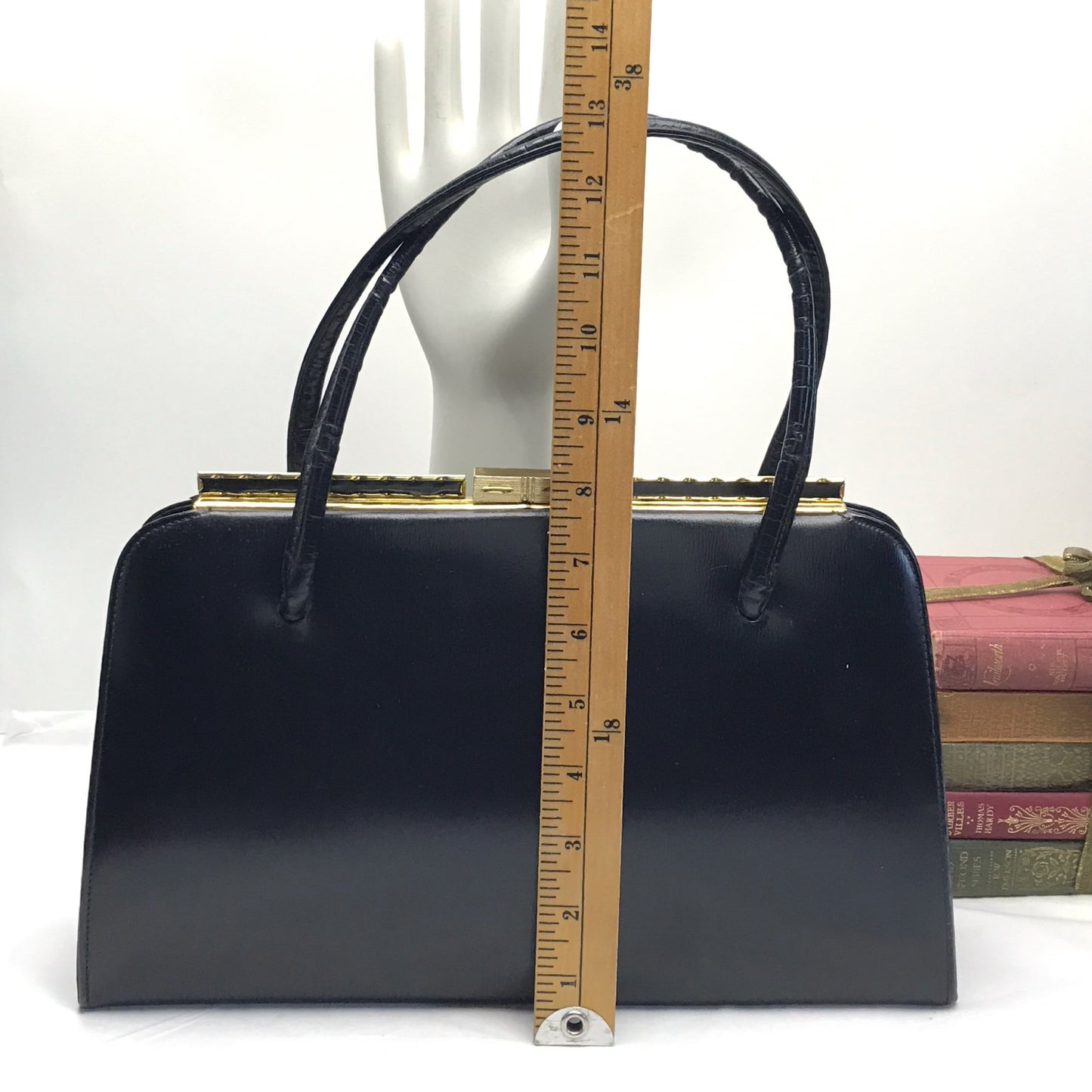 Vintage Black Leather Top Handle Purse with Suede Lining