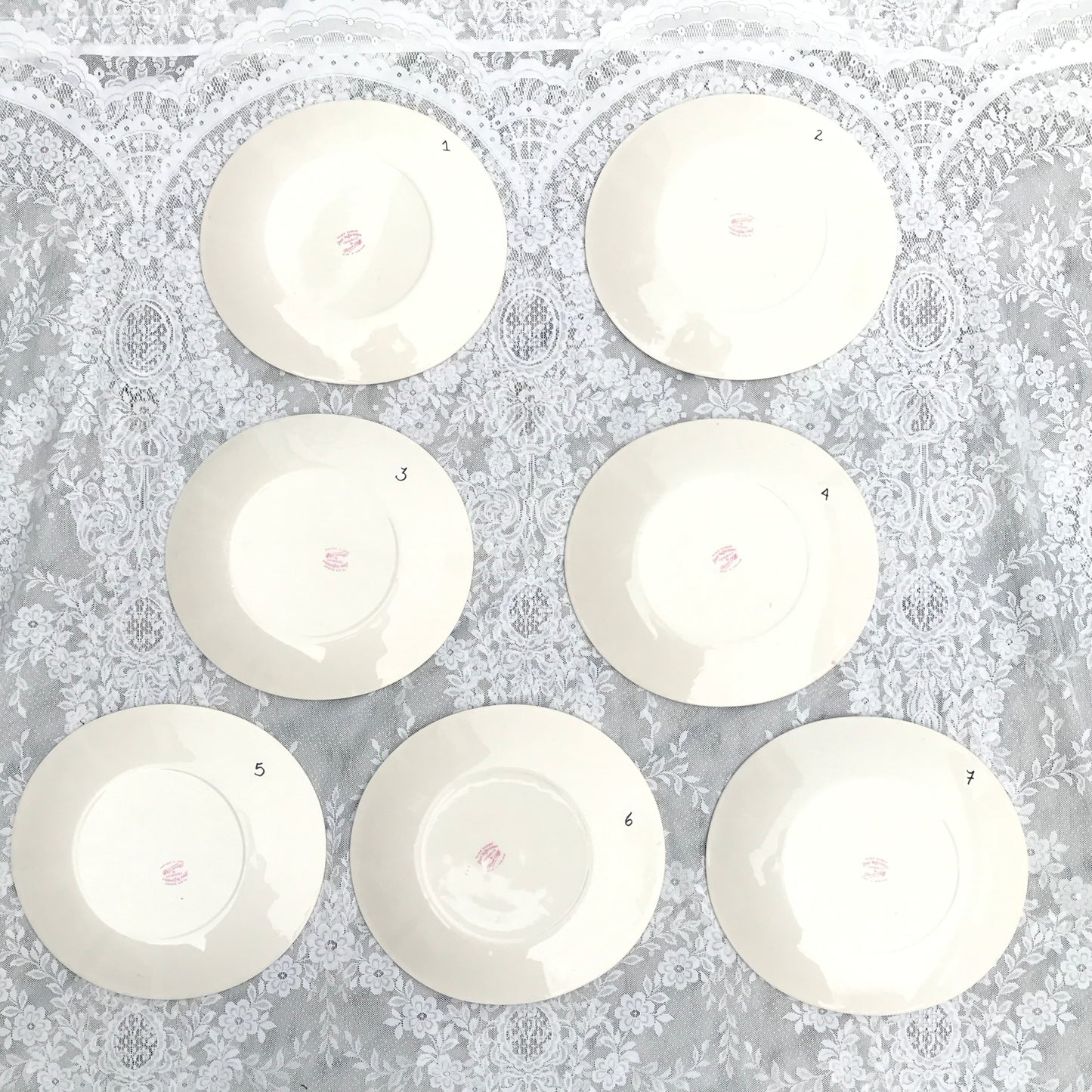 Clarice Cliff Dinner Plates Pink Susan Design for Royal Staffordshire, Set of 7, Pastel Country Wild Flowers