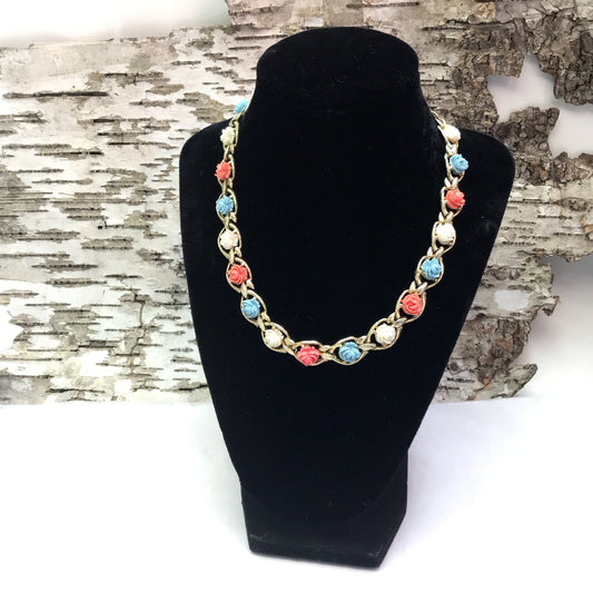1950s Necklace with Pink, Blue and White Rosettes