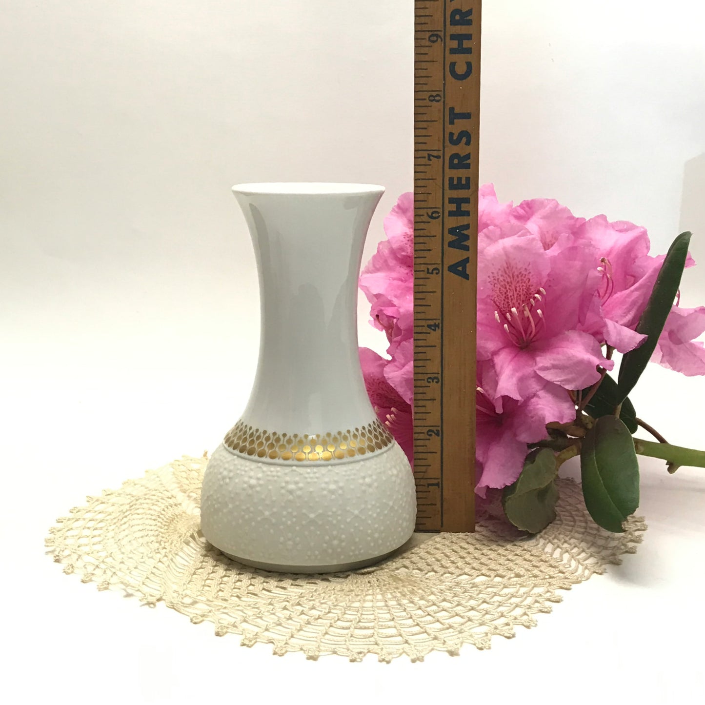 Thomas of Rosenthal White Vase with Gold Accents and Textured Base, 6.5 inches