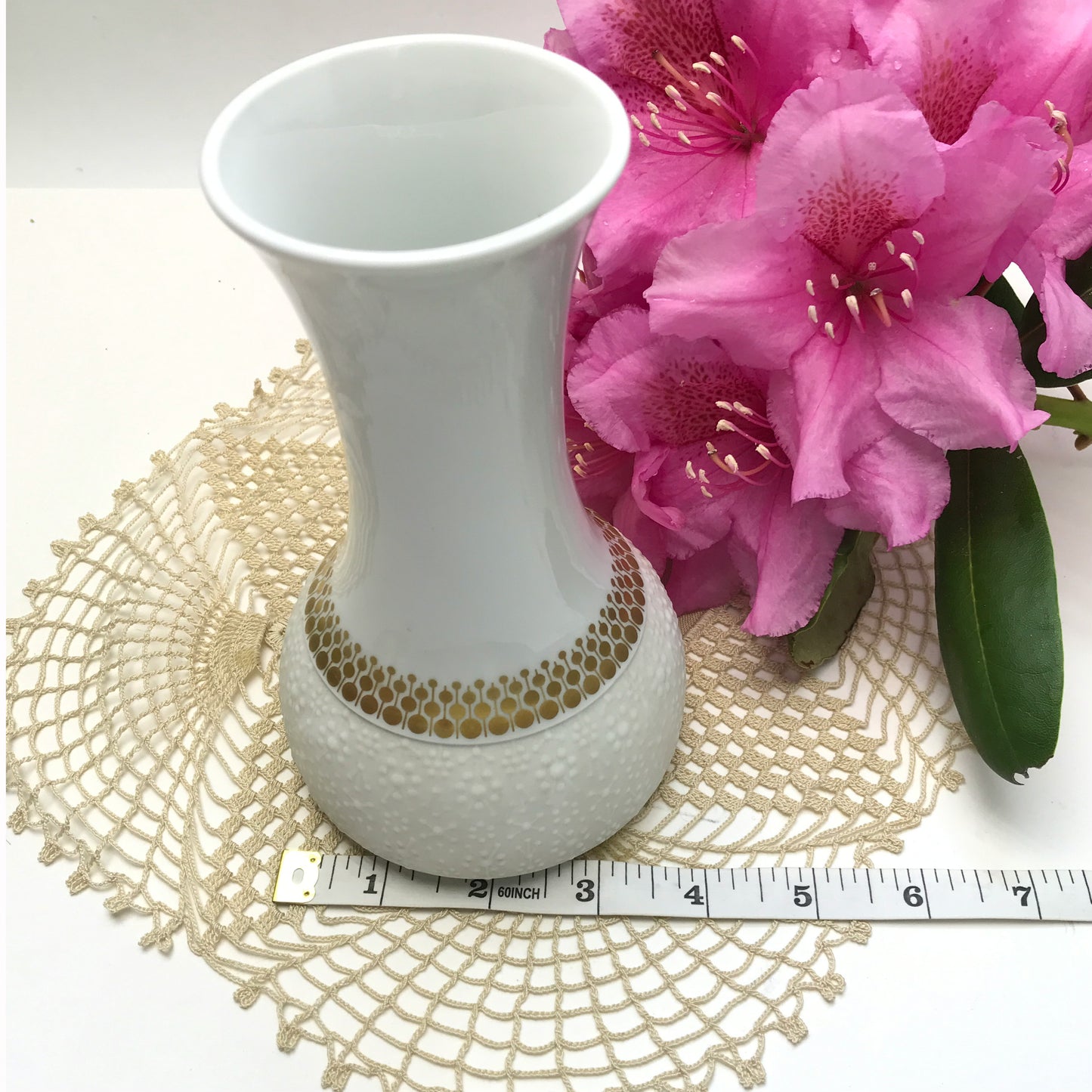 Thomas of Rosenthal White Vase with Gold Accents and Textured Base, 6.5 inches