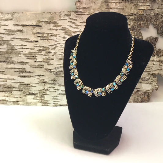 Coro Necklace Blue Aurora Borealis Rhinestones with Faux Pearls