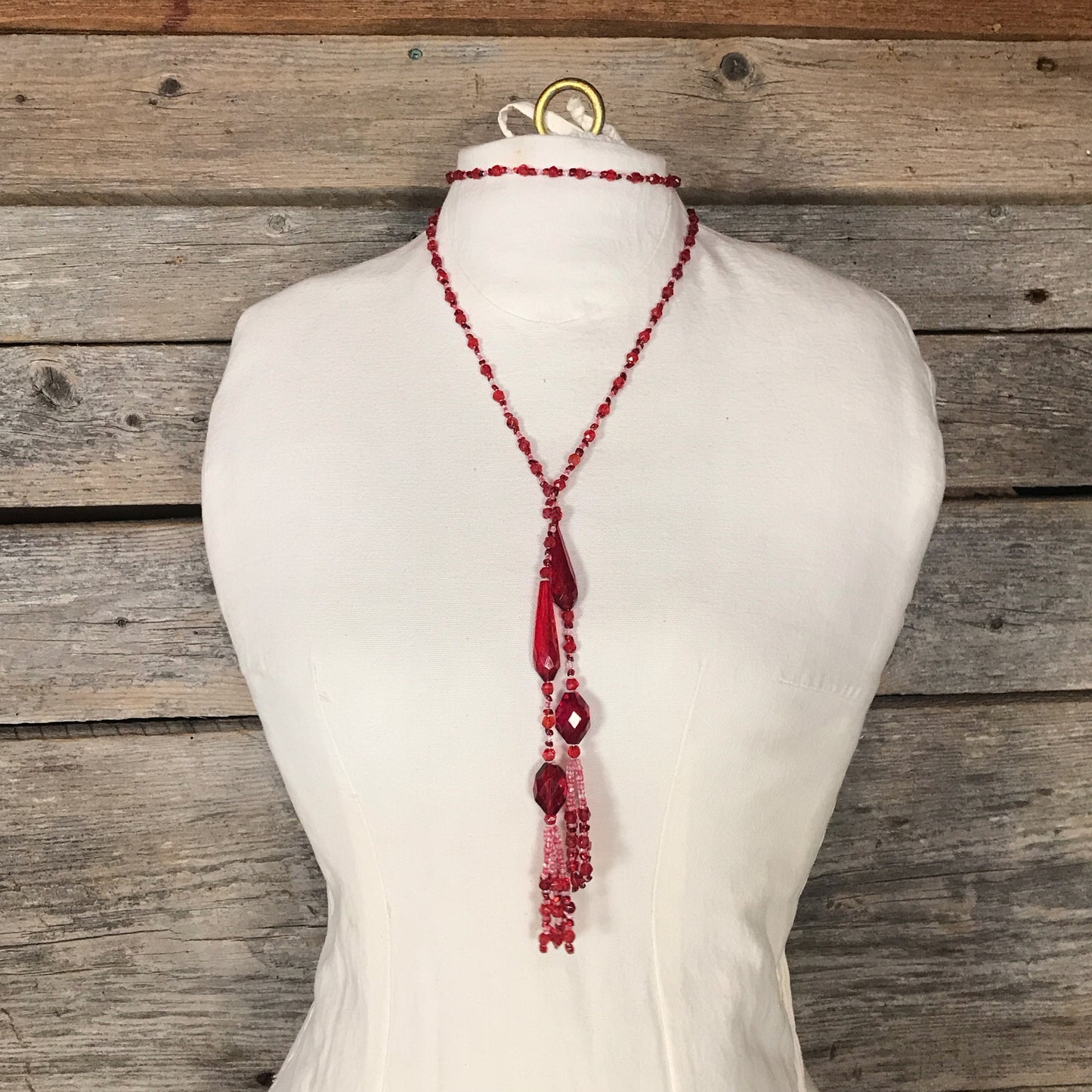 Vintage Red Glass Lariat Necklace 1920s Style Flapper Bead Strand with Tassels RESTRUNG