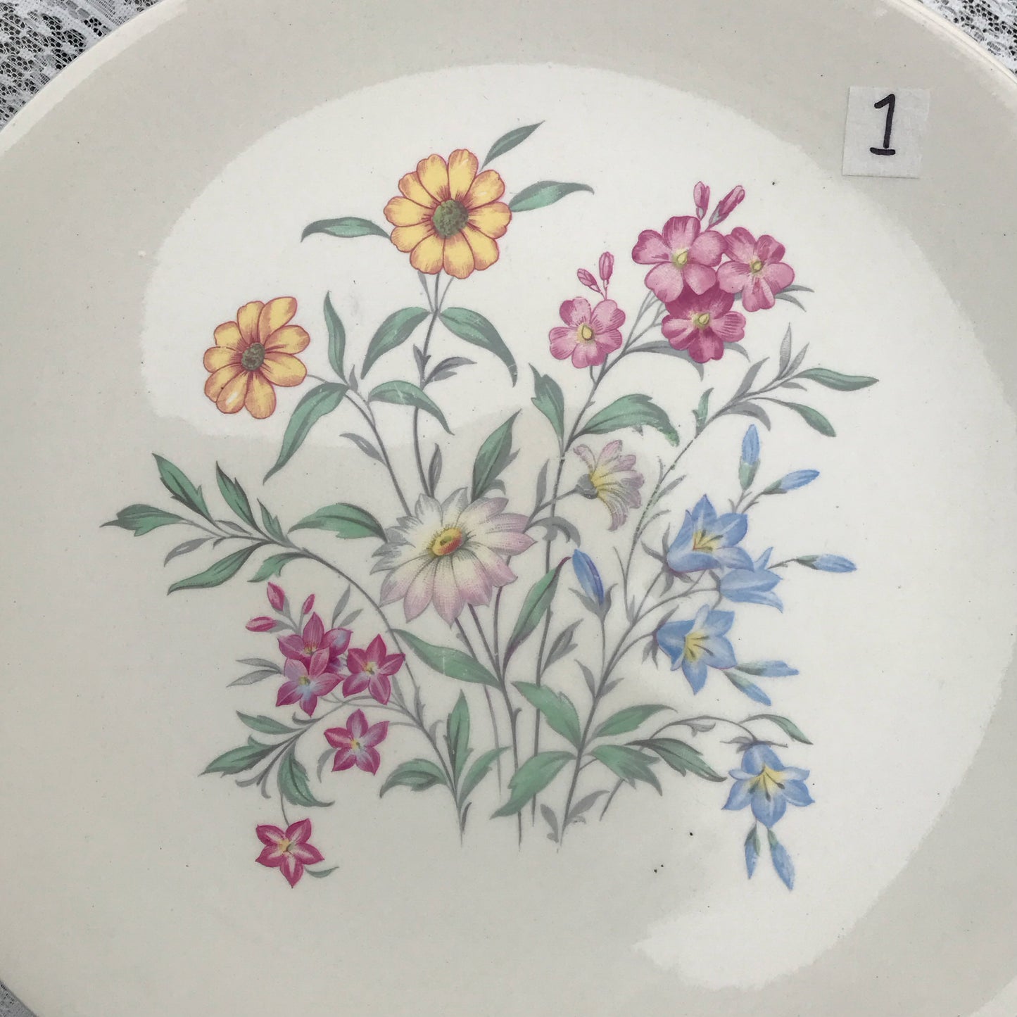Clarice Cliff Dinner Plates Pink Susan Design for Royal Staffordshire, Set of 7, Pastel Country Wild Flowers