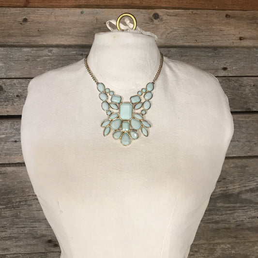 Retro 1980s Maximalist Light Blue Bib Necklace in Gold Setting, LIGHT WEAR, Resin Stone Costume Jewellery