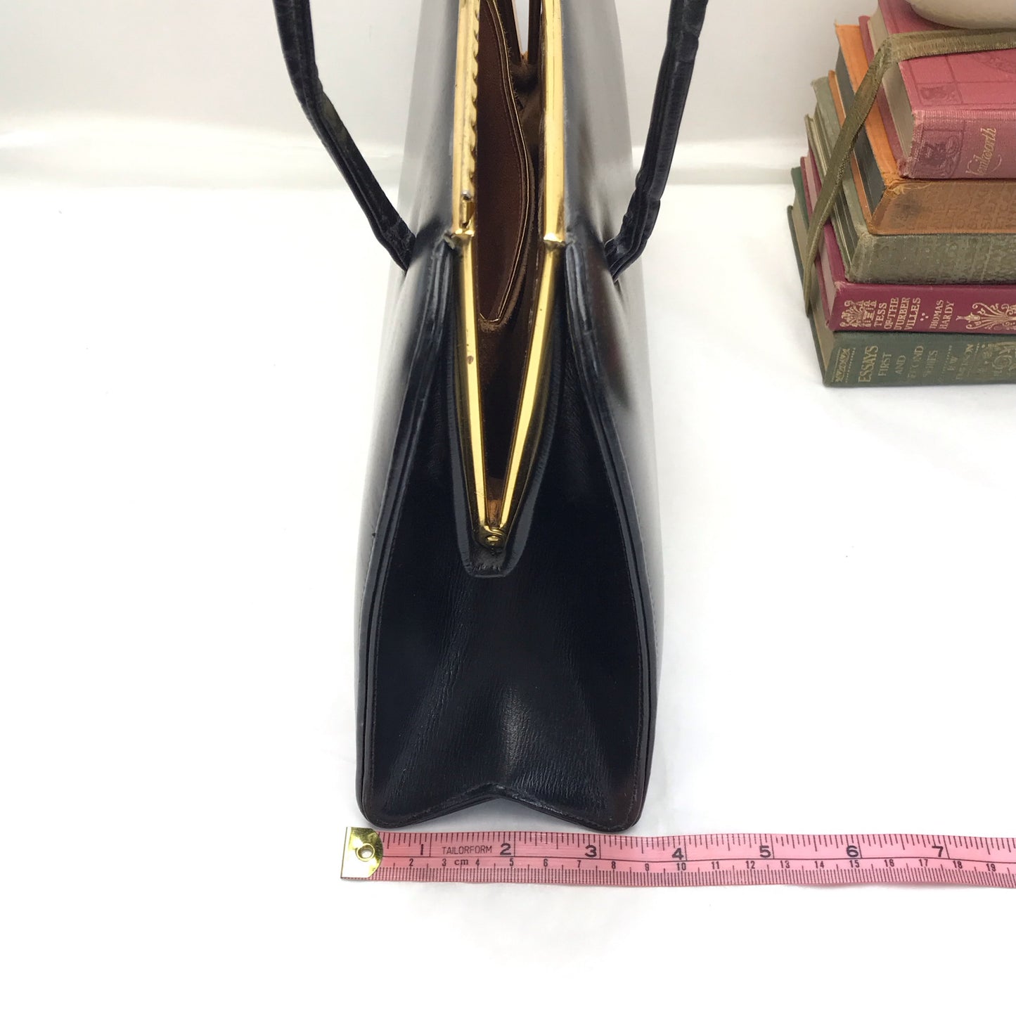 Vintage Black Leather Top Handle Purse with Suede Lining