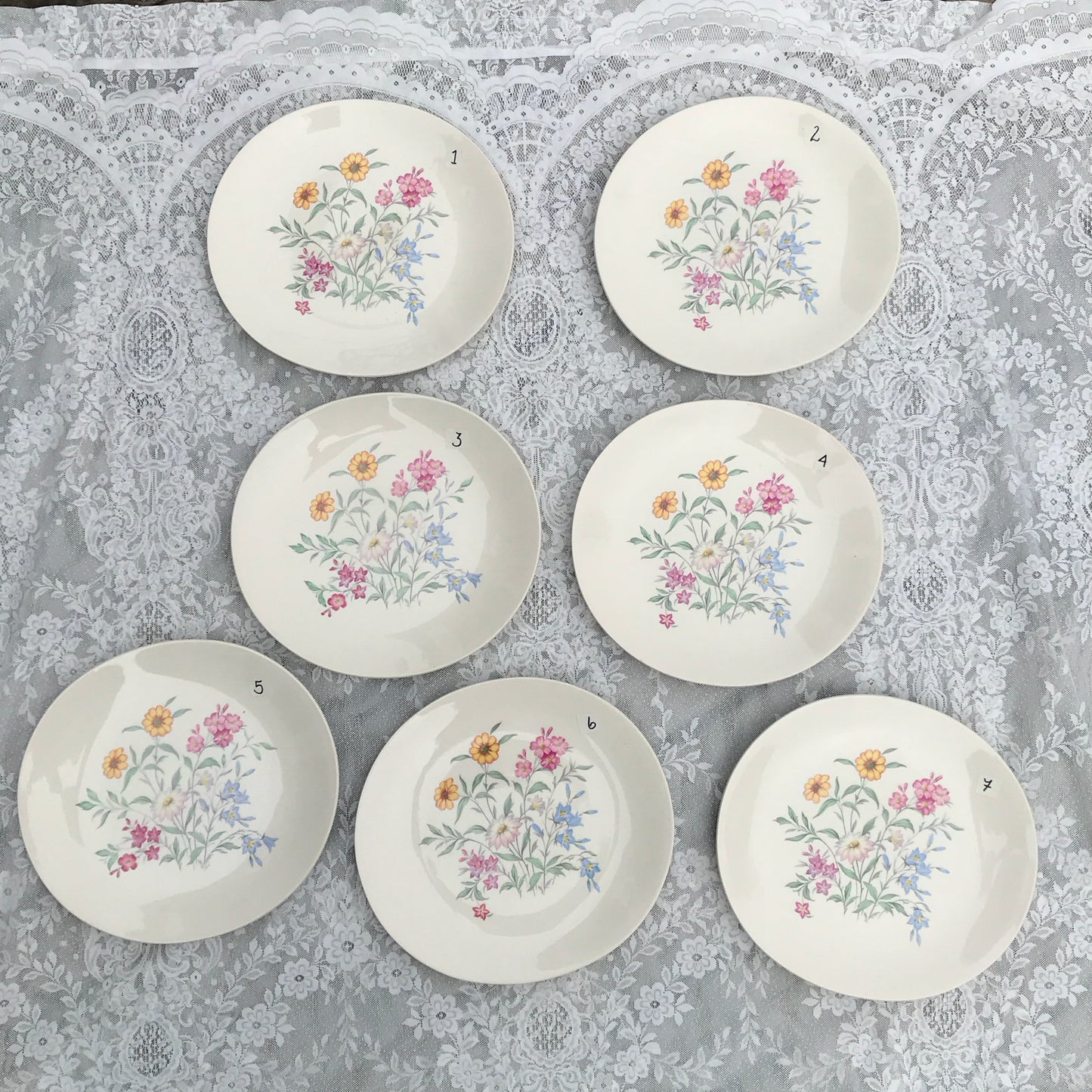 Clarice Cliff Dinner Plates Pink Susan Design for Royal Staffordshire, Set of 7, Pastel Country Wild Flowers