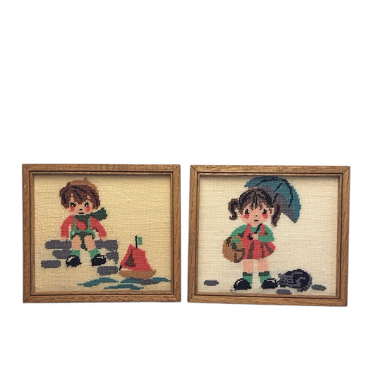 Pair Cross Stitch Pictures in Wood Frames, Vintage Handmade Wall Decor, Embroidered Pictures, Small Faults