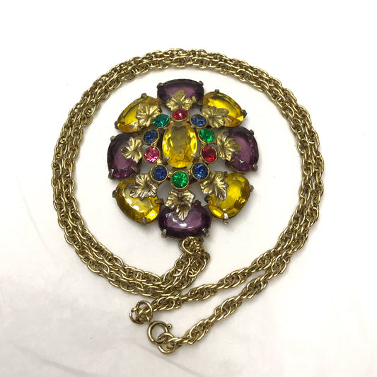 Art Deco Multi-Coloured Paste Pendant on Double Link Gold Chain