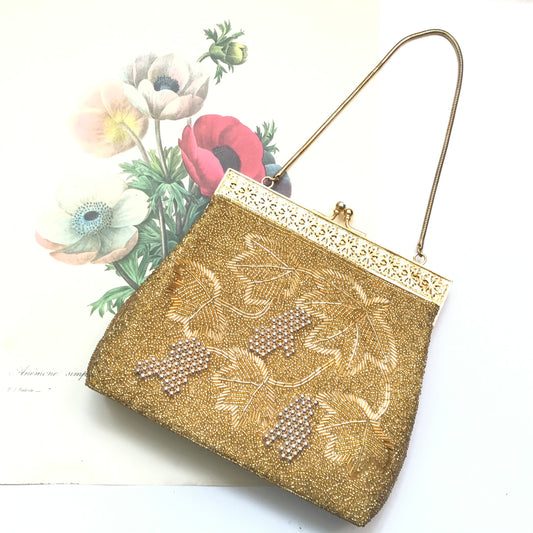 Gold Beaded 1950s Purse, Vintage Handbag, Mid-Century Evening Bag with Satin Lining, Formal Accessories