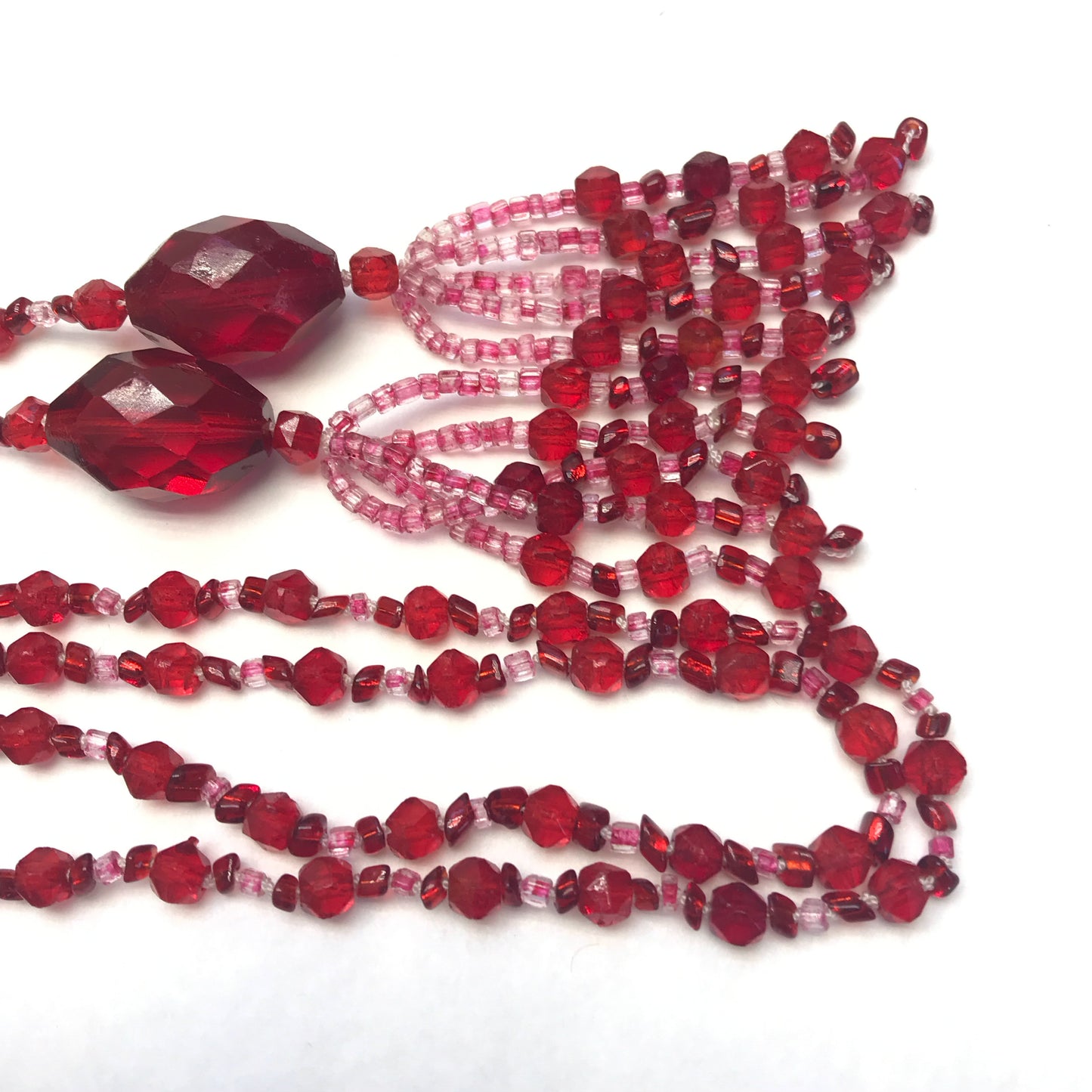 Vintage Red Glass Lariat Necklace 1920s Style Flapper Bead Strand with Tassels RESTRUNG