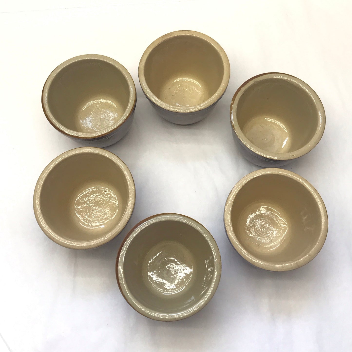 6 Small Stoneware Ramekins, 4 Ounce Vintage Pudding Cups, ONE AT FAULT