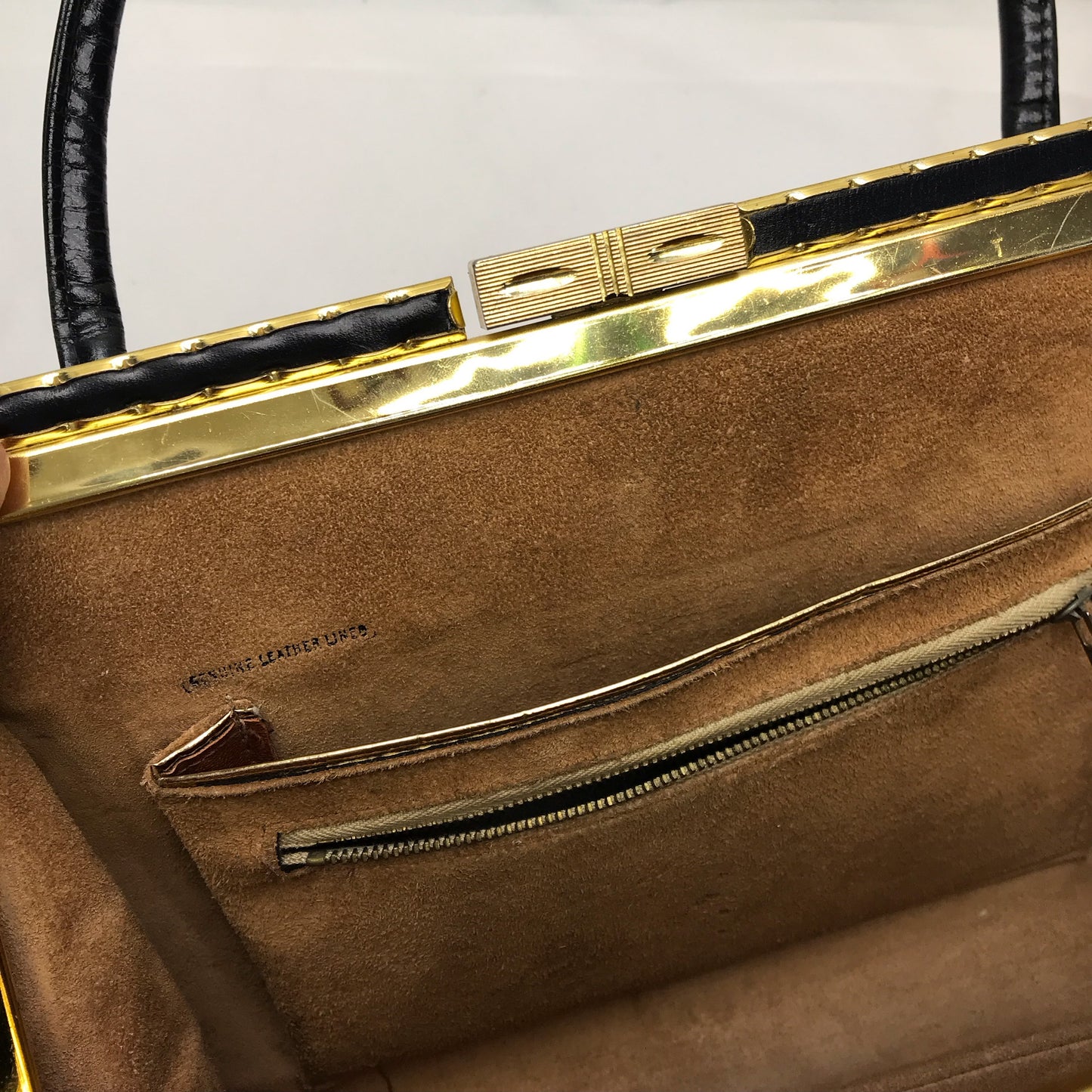 Vintage Black Leather Top Handle Purse with Suede Lining