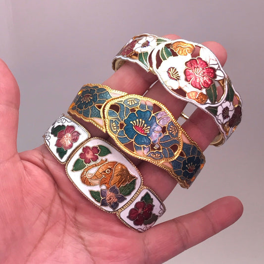 Lot of 3 Enamel Clamper Bracelets, Gold Washed Metal Cloisonné Bangle with Flowers and Elephant, LIGHT TARNISH or WEAR