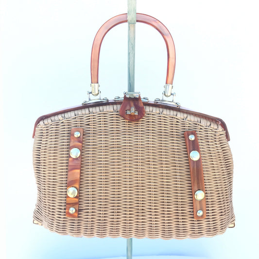 Retro Plastic Wicker Purse with Lucite Handle and Metal Stud Accents