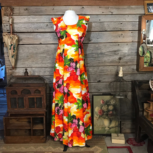 Vintage Floral Hawaiian Dress, Hukilau Fashions, Pink Pineapples and Sunsets, 100% Cotton