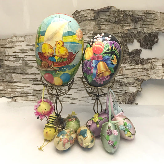 Lot of Easter Decor German Papier Mache Candy Eggs and Y2K Ornaments, 11 Piece Collection MINOR FAULTS