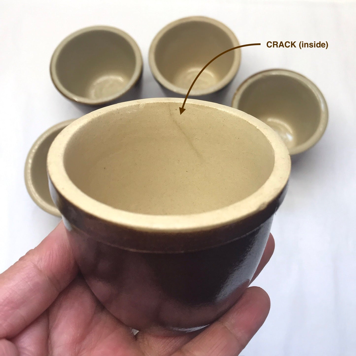 6 Small Stoneware Ramekins, 4 Ounce Vintage Pudding Cups, ONE AT FAULT