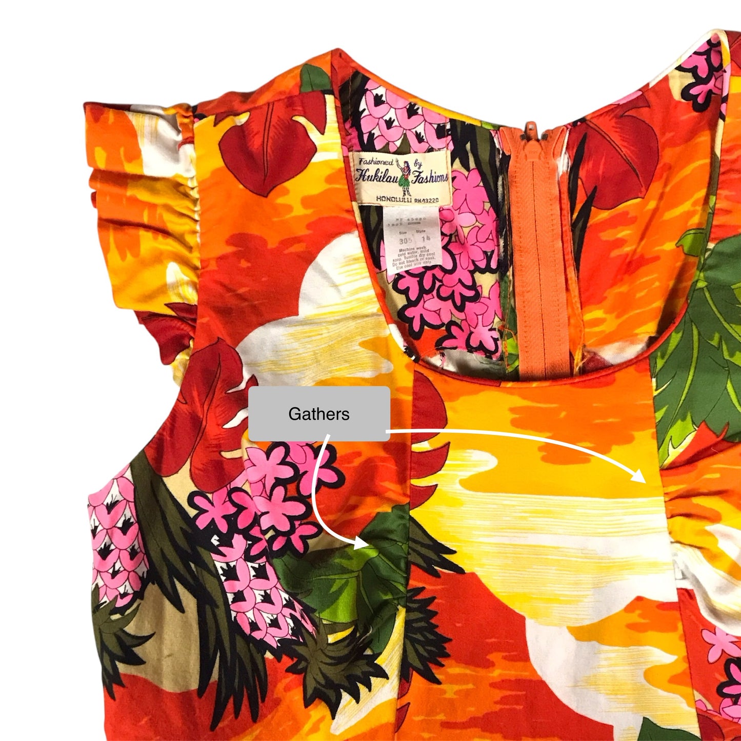 Vintage Floral Hawaiian Dress, Hukilau Fashions, Pink Pineapples and Sunsets, 100% Cotton