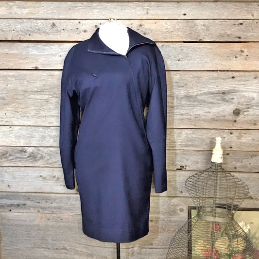 Claude Montana Blue Wool Dress with Bag Wings and Very Cool Accents