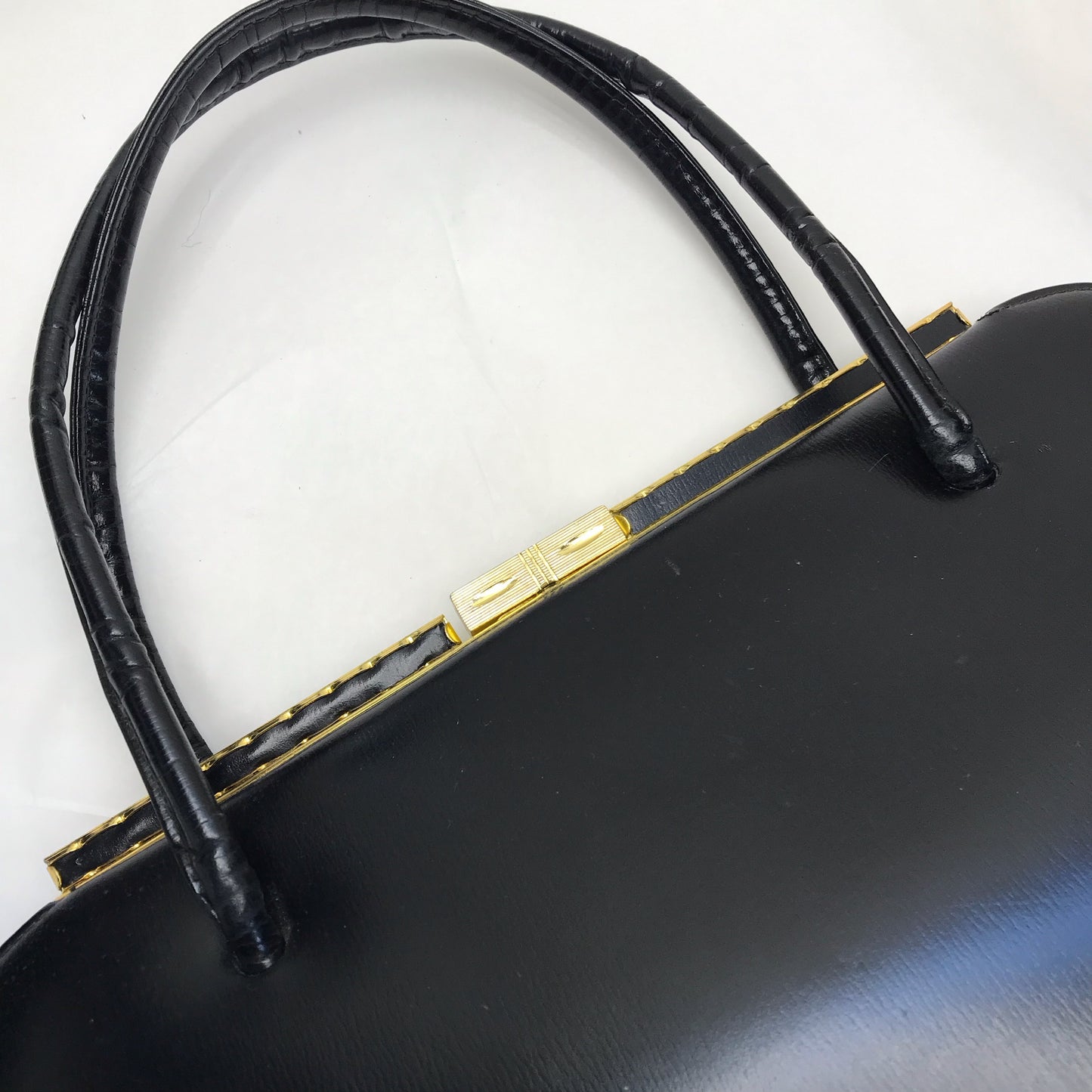 Vintage Black Leather Top Handle Purse with Suede Lining