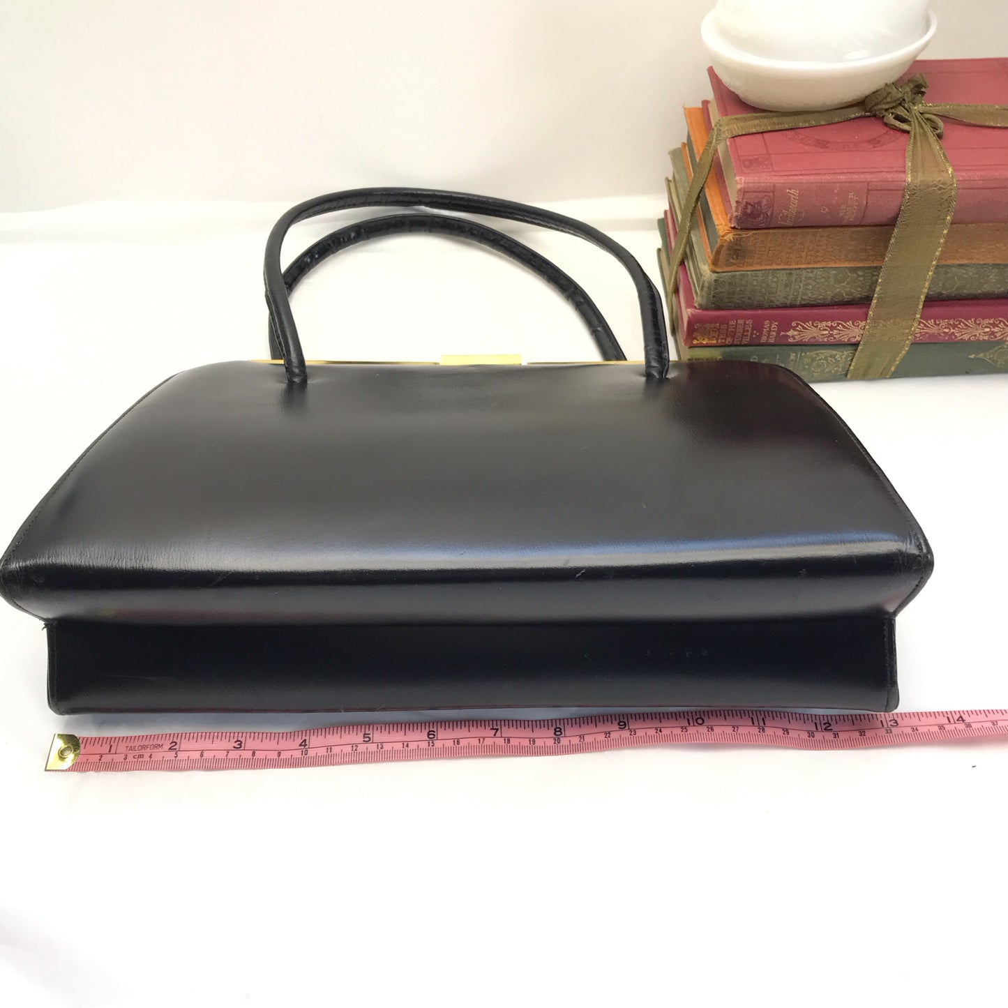 Vintage Black Leather Top Handle Purse with Suede Lining