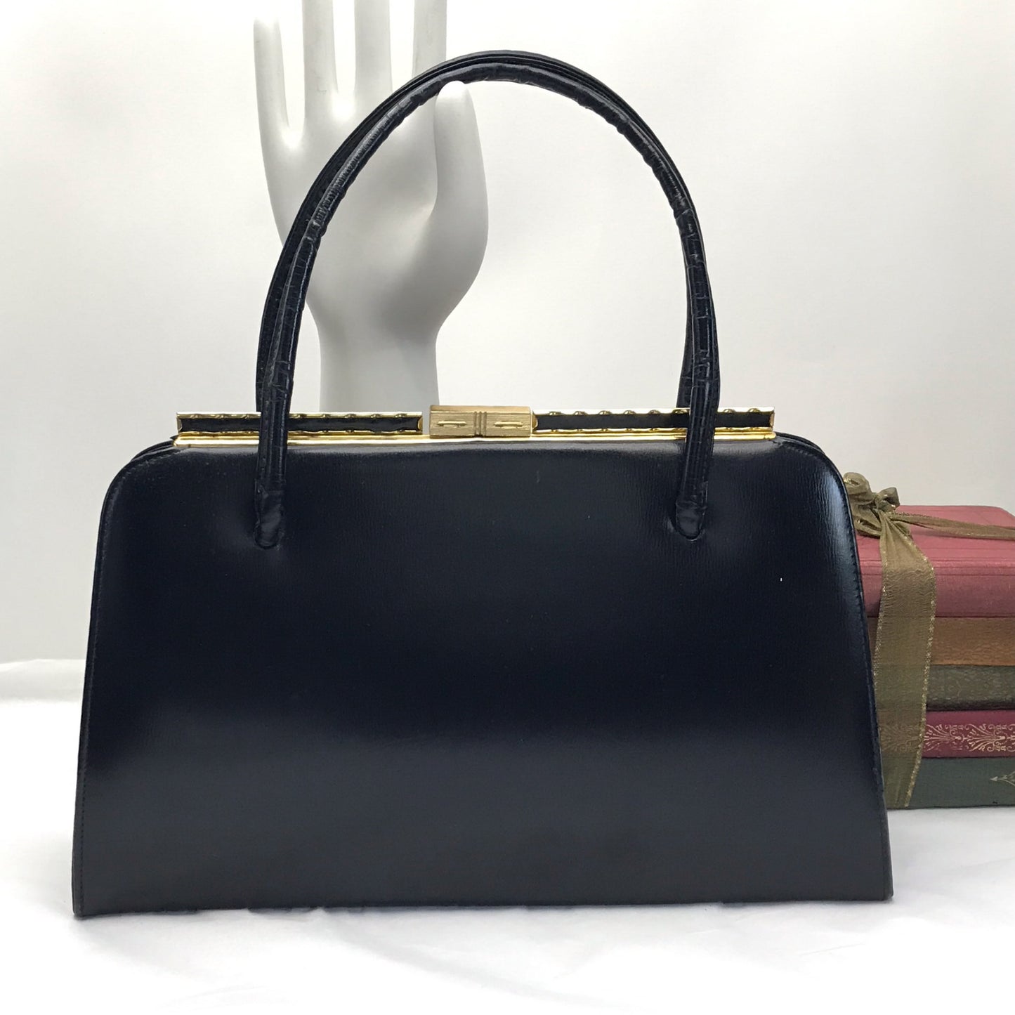 Vintage Black Leather Top Handle Purse with Suede Lining