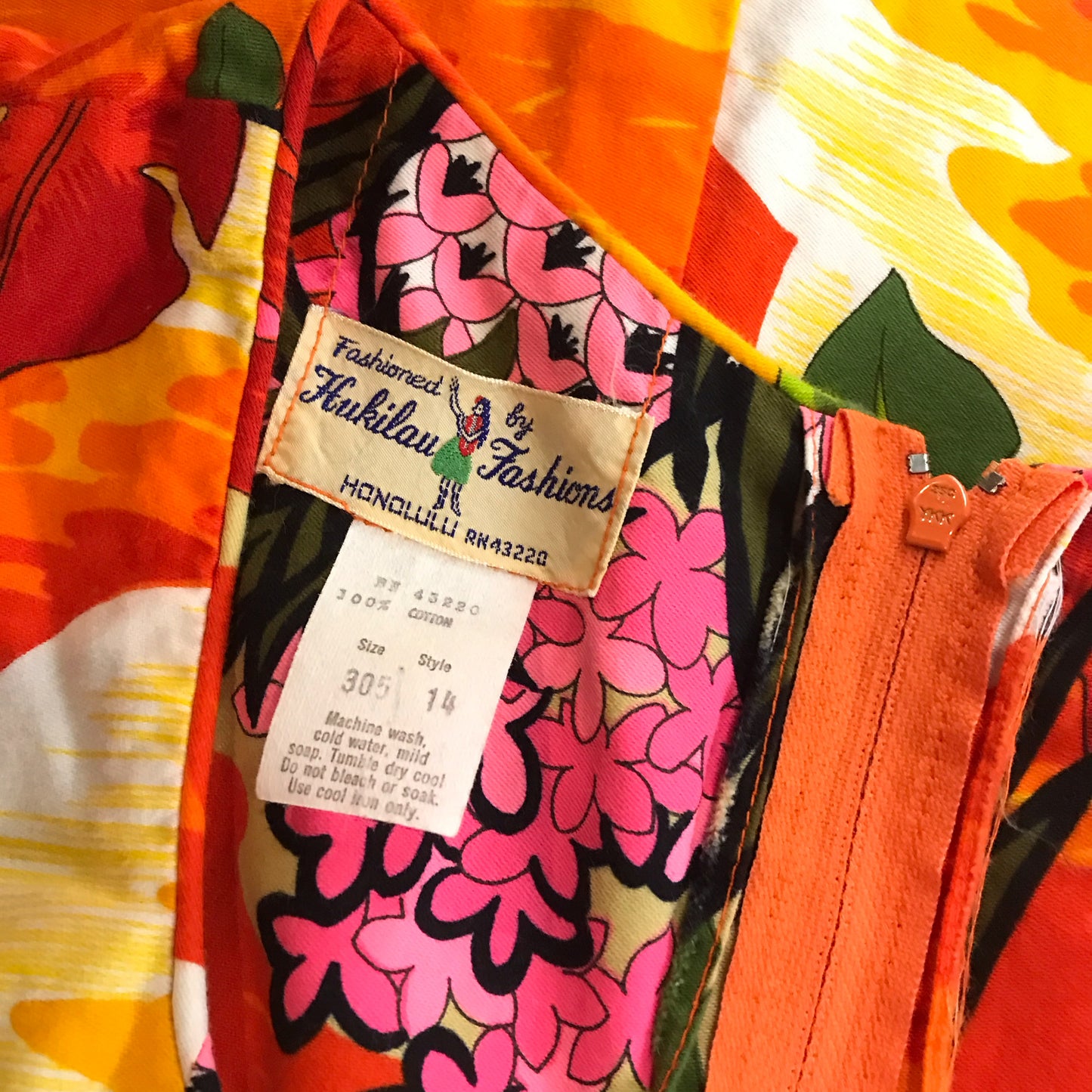 Vintage Floral Hawaiian Dress, Hukilau Fashions, Pink Pineapples and Sunsets, 100% Cotton