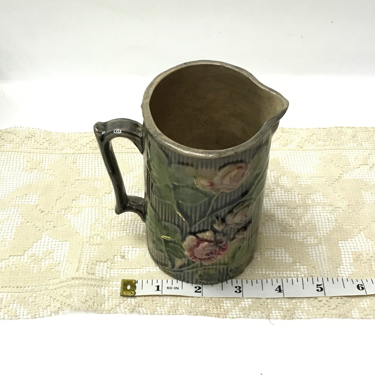 Antique Rose on Bark Majolica Pitcher, Floral Jug, Antique Cream Jug