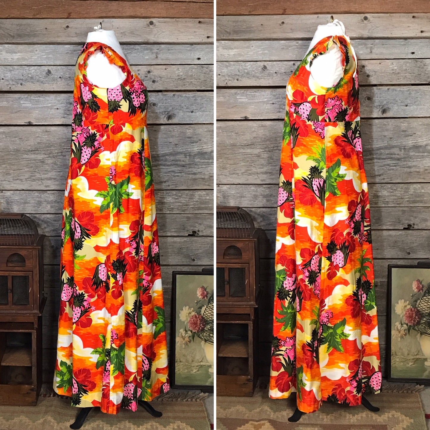 Vintage Floral Hawaiian Dress, Hukilau Fashions, Pink Pineapples and Sunsets, 100% Cotton
