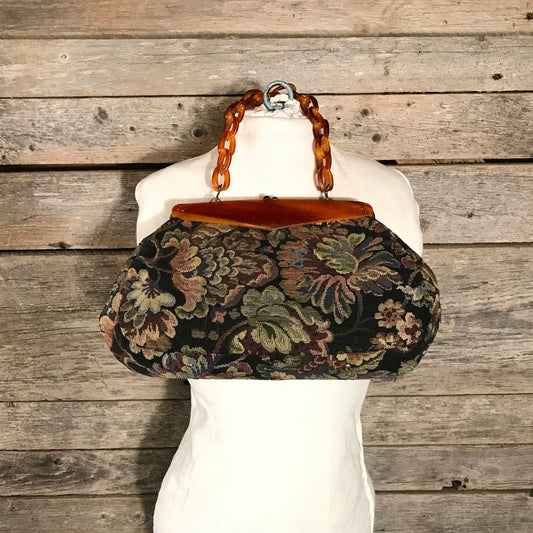 Vintage Tapestry Purse with Rare Chunky Acrylic Chain Link Top Handle, SOME WEAR & TEAR, Granny Handbag, Large Grannycore Purse