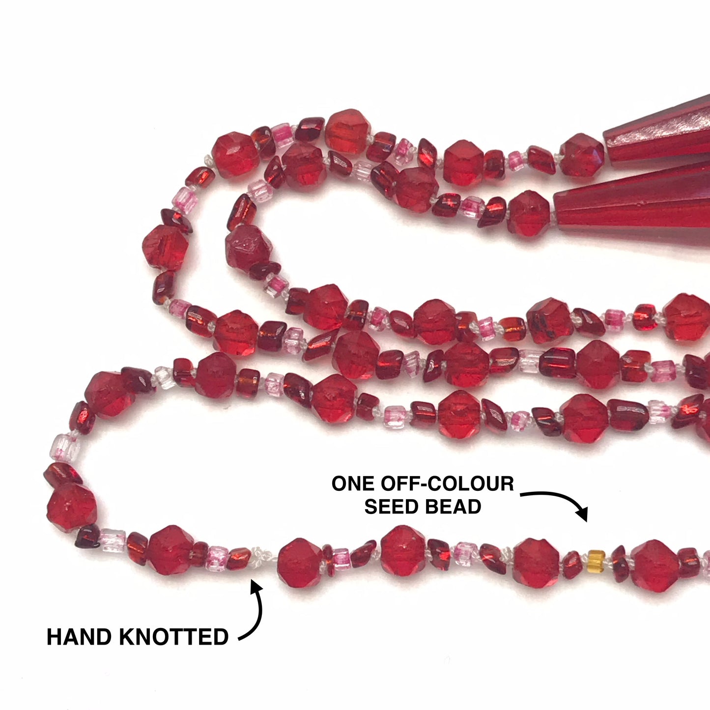 Vintage Red Glass Lariat Necklace 1920s Style Flapper Bead Strand with Tassels RESTRUNG