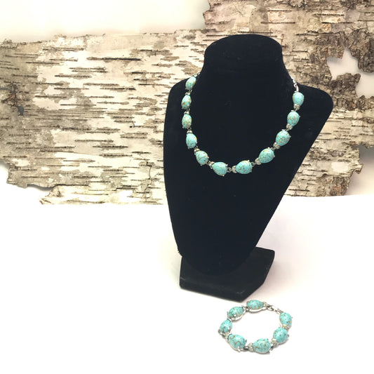 1950s Turquoise Resin Stone and Rhinestone Necklace with Matching Bracelet