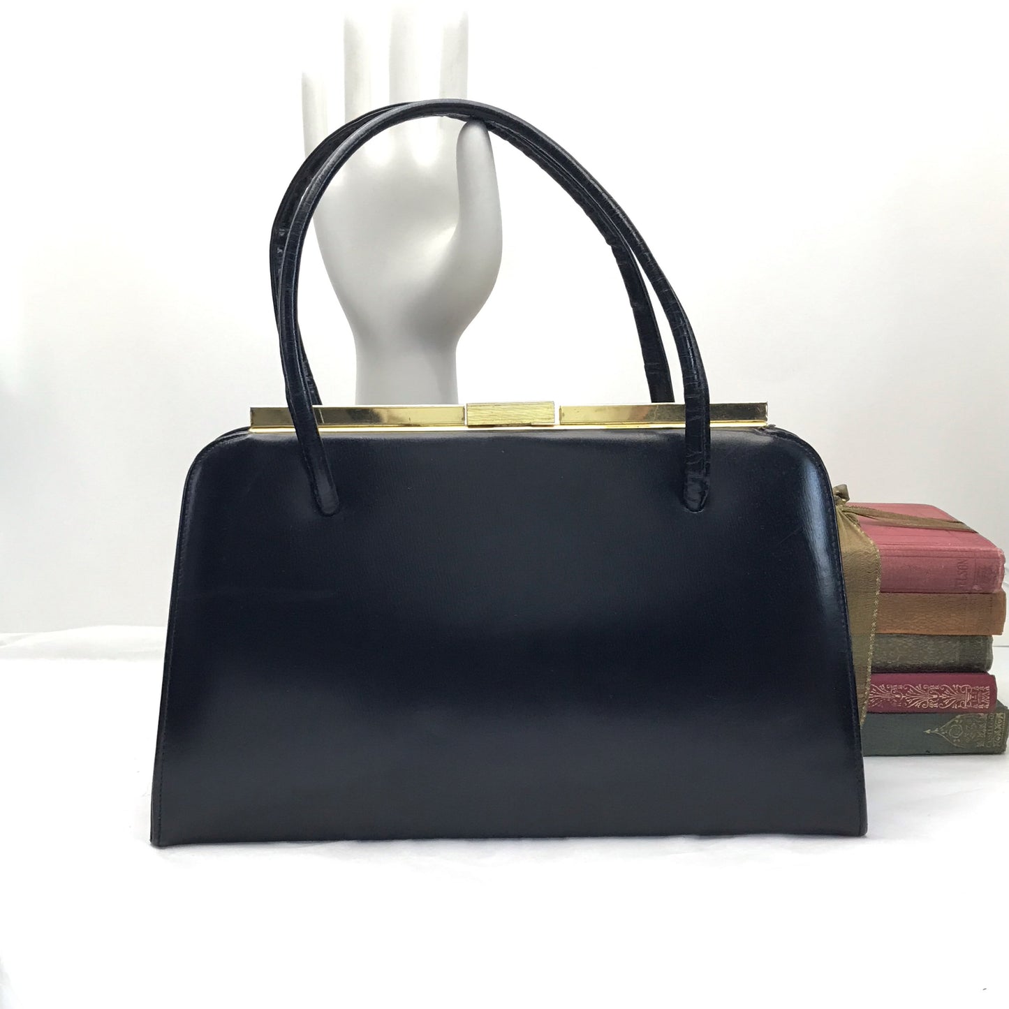 Vintage Black Leather Top Handle Purse with Suede Lining