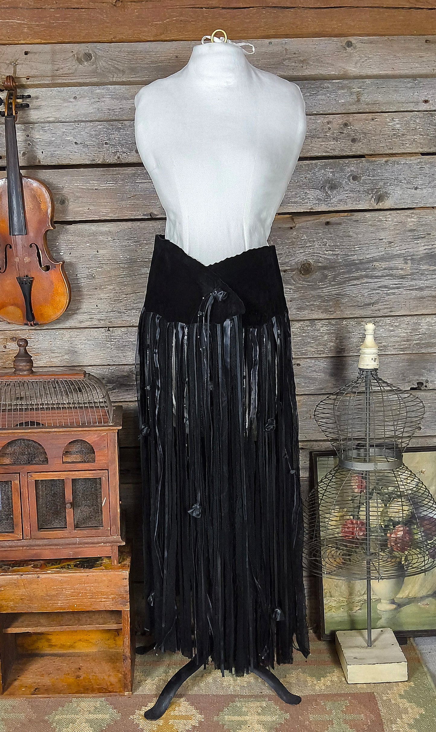 Retro Black Suede Belt or Skirt Overlay with Tassels, Pat Dahnke, Western Style