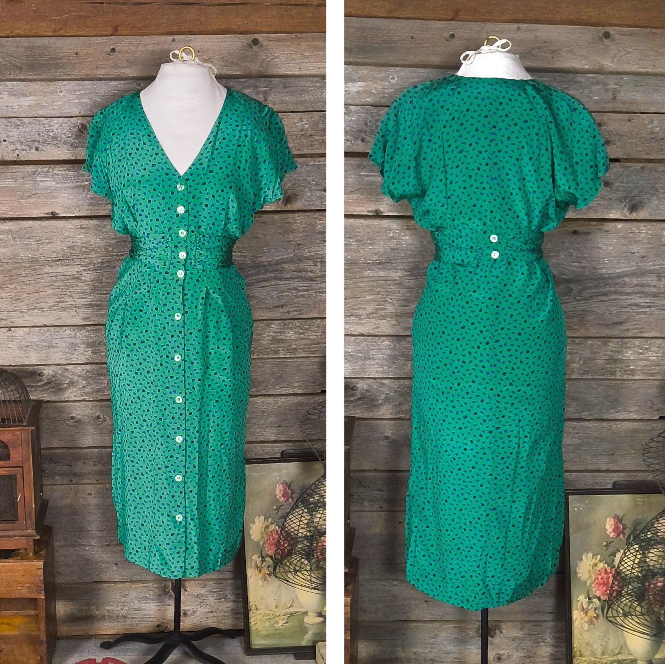 Vintage Robert Haik Green Print Silk Dress, Size 8