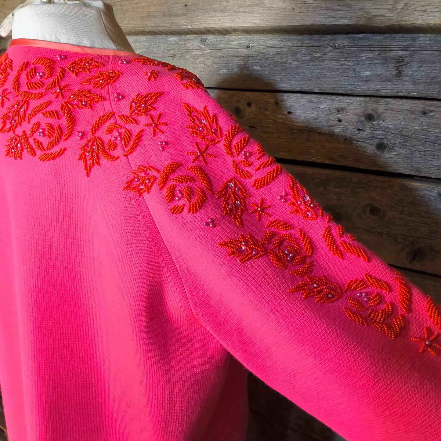 Hot Pink Wool Twin Set with Hand Beaded Embroidery, circa 1960, Dress and Sweater