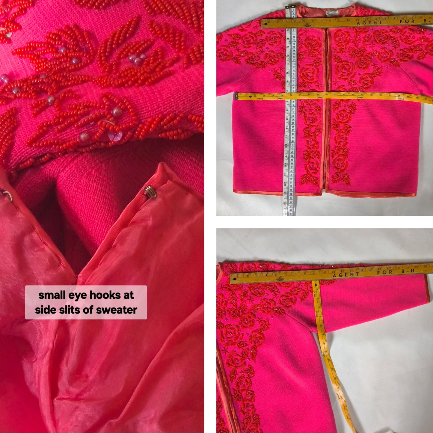 Hot Pink Wool Twin Set with Hand Beaded Embroidery, circa 1960, Dress and Sweater