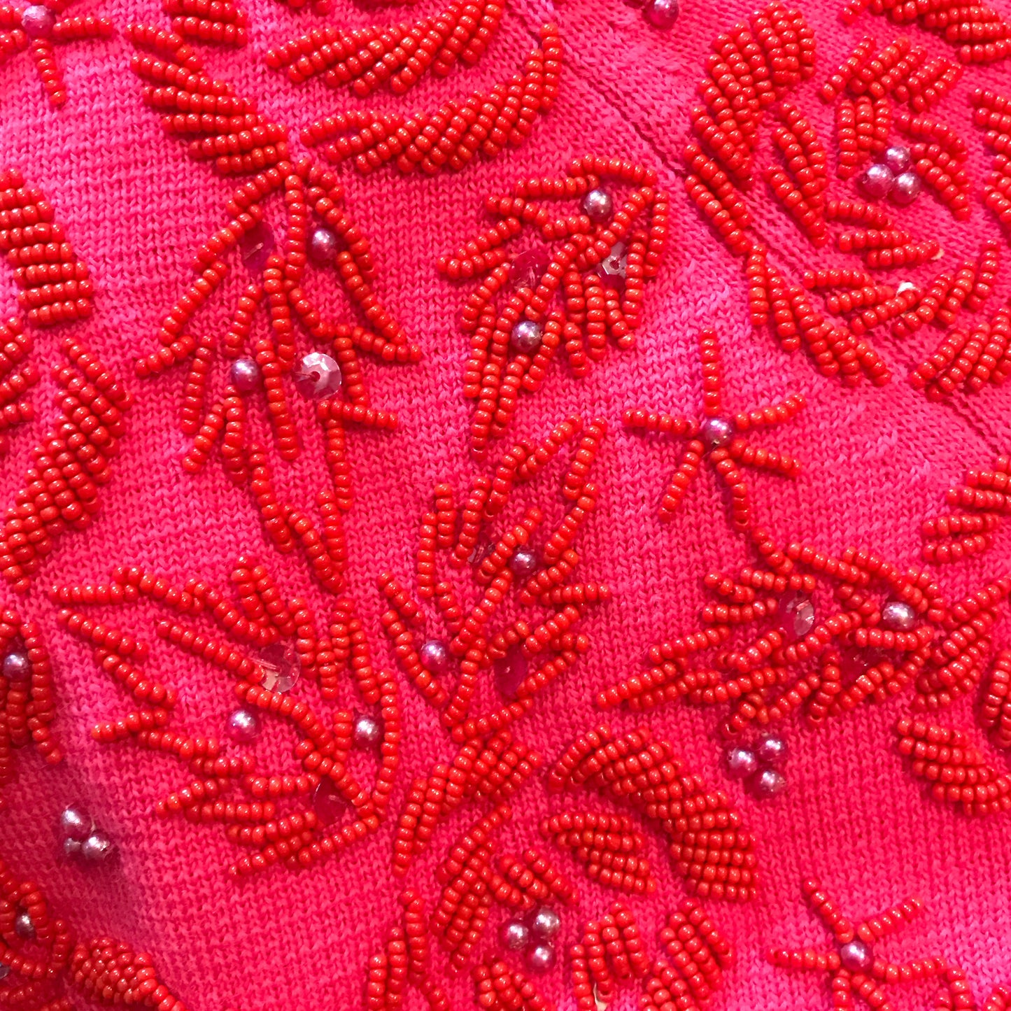 Hot Pink Wool Twin Set with Hand Beaded Embroidery, circa 1960, Dress and Sweater