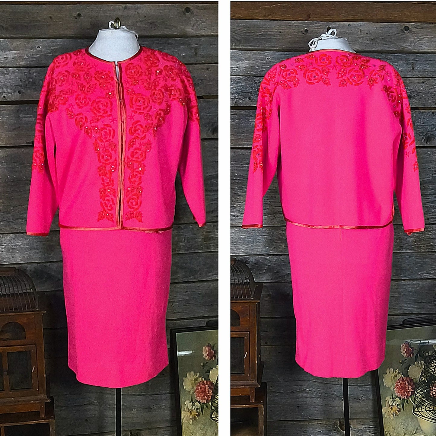 Hot Pink Wool Twin Set with Hand Beaded Embroidery, circa 1960, Dress and Sweater