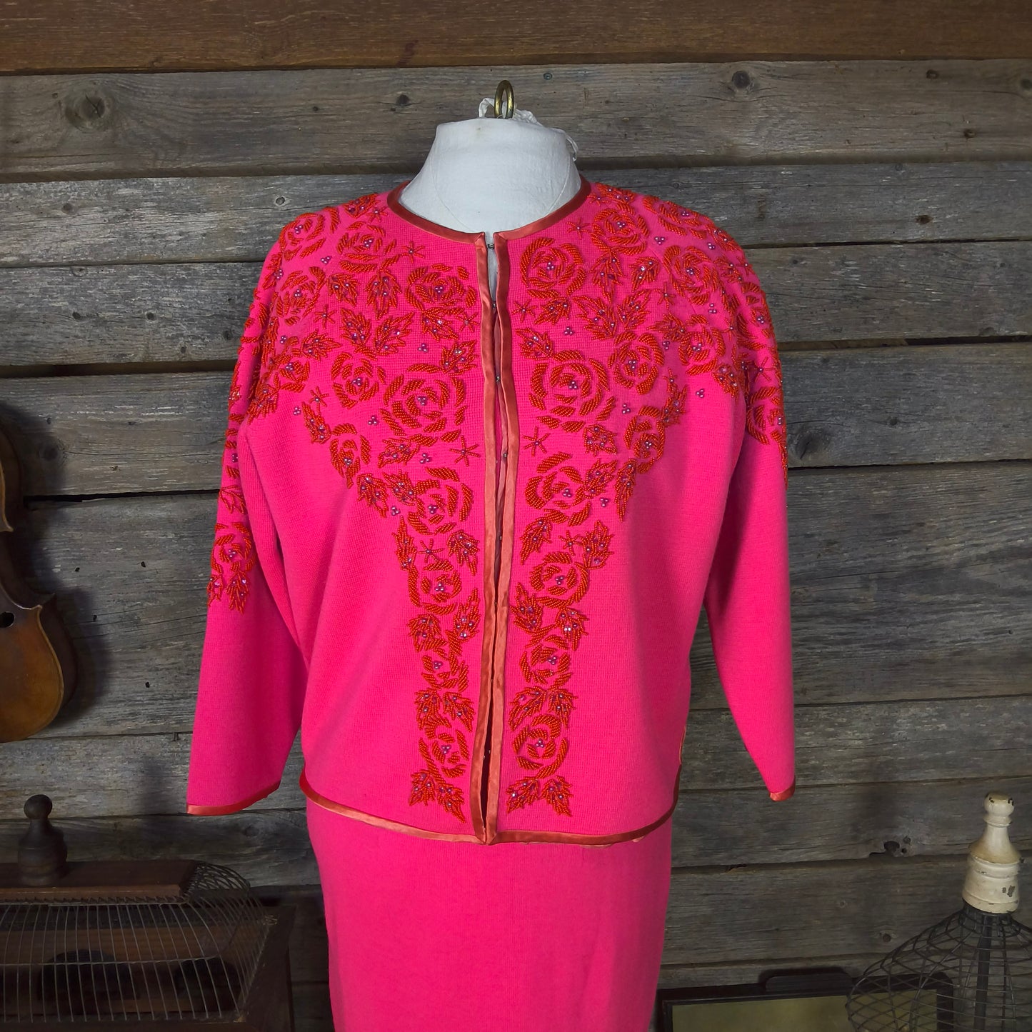 Hot Pink Wool Twin Set with Hand Beaded Embroidery, circa 1960, Dress and Sweater