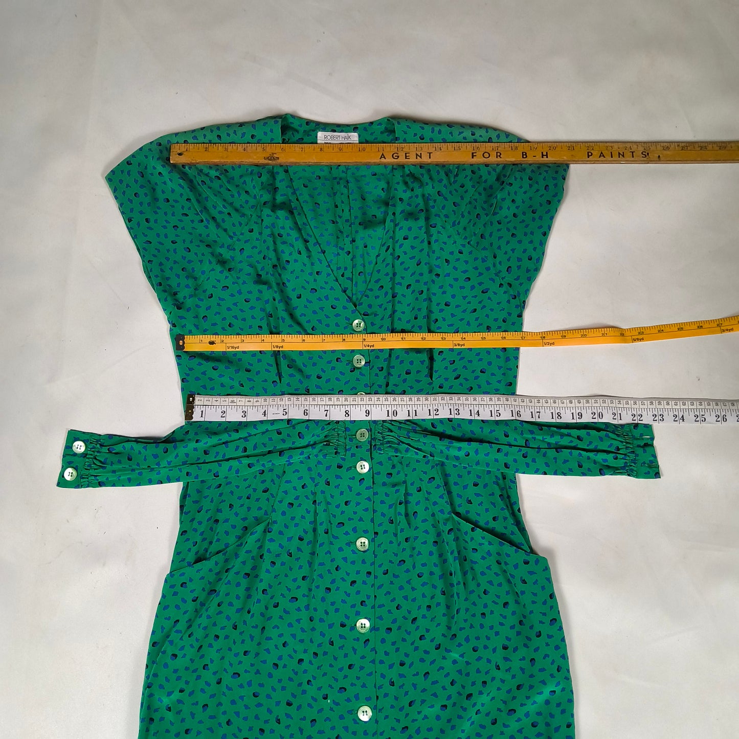 Vintage Robert Haik Green Print Silk Dress, Size 8