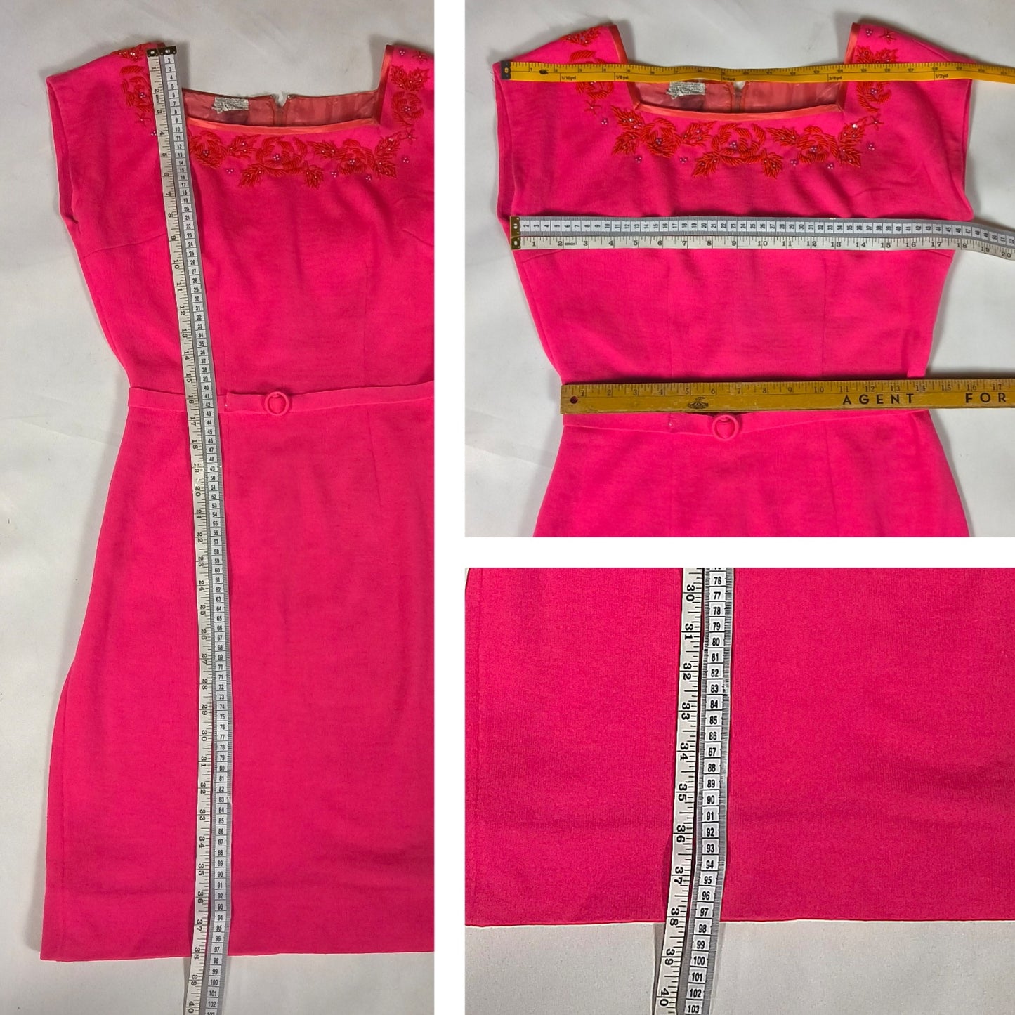Hot Pink Wool Twin Set with Hand Beaded Embroidery, circa 1960, Dress and Sweater