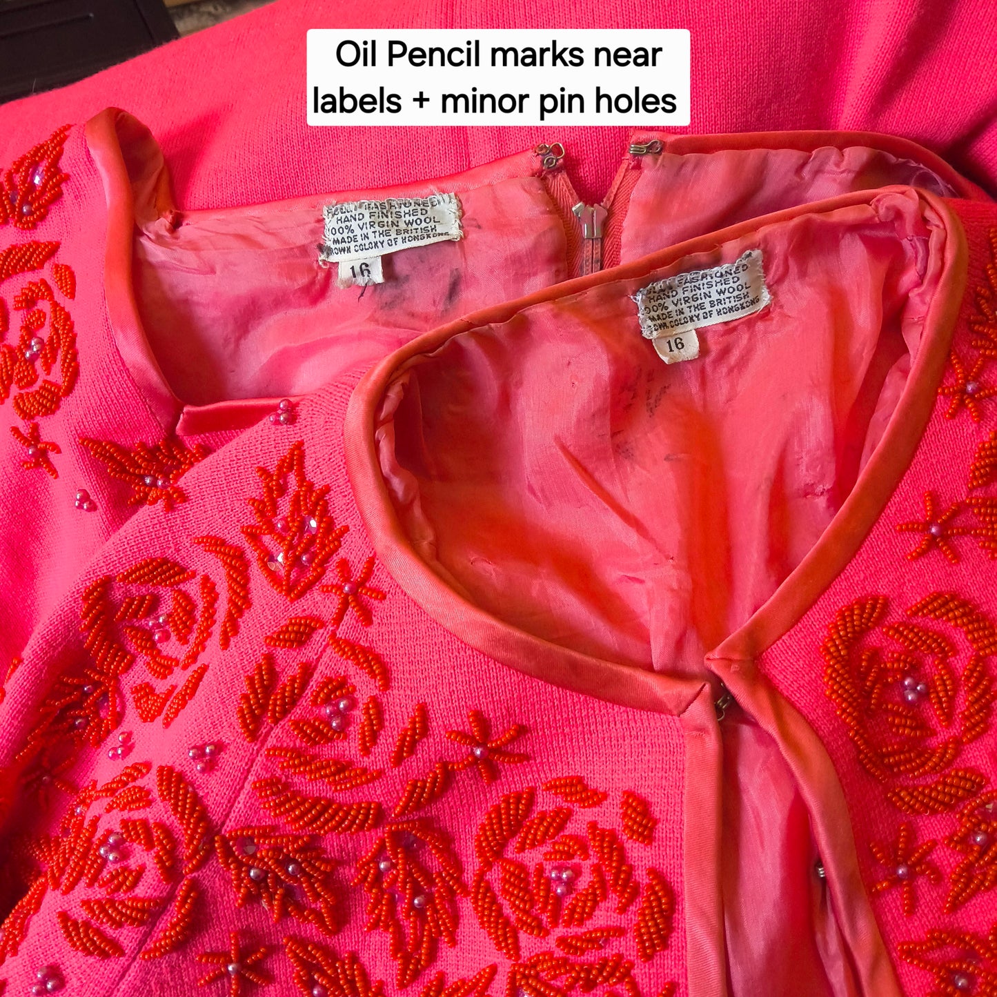 Hot Pink Wool Twin Set with Hand Beaded Embroidery, circa 1960, Dress and Sweater