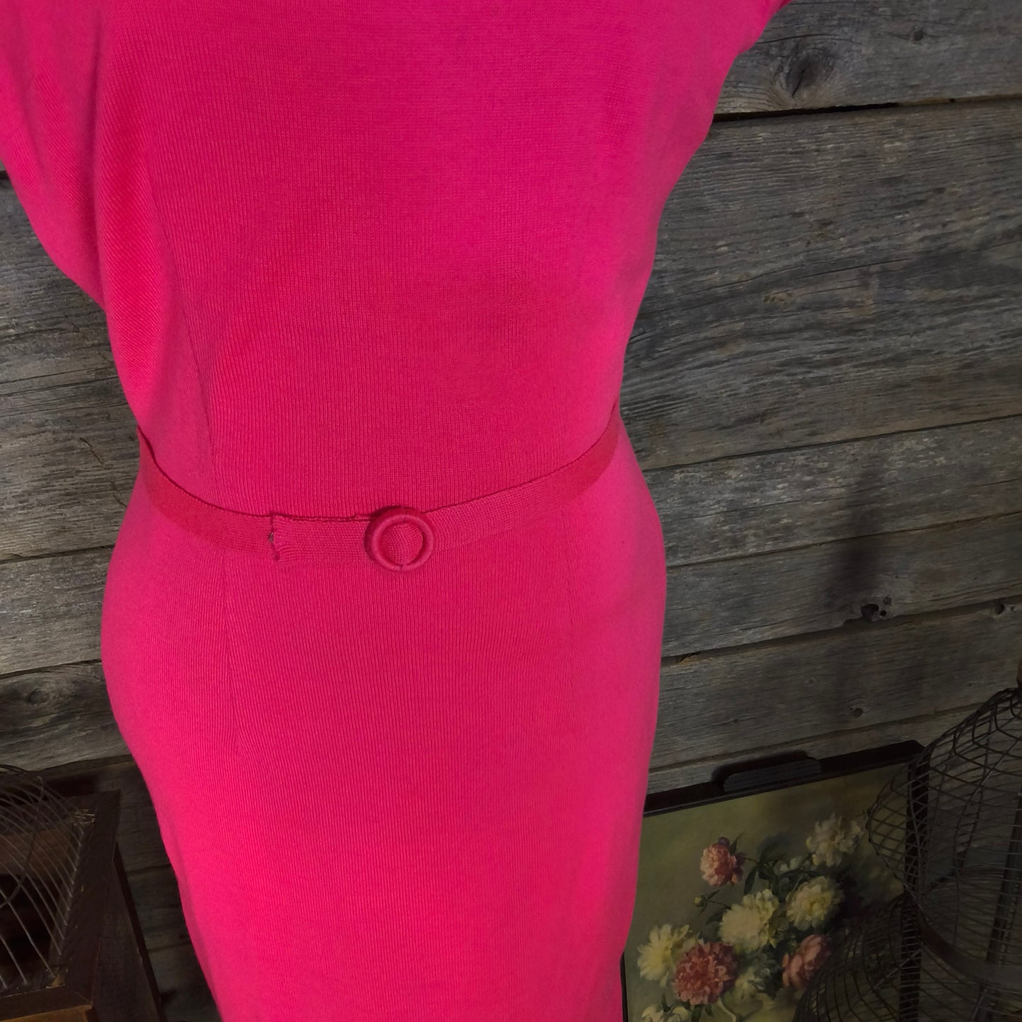 Hot Pink Wool Twin Set with Hand Beaded Embroidery, circa 1960, Dress and Sweater