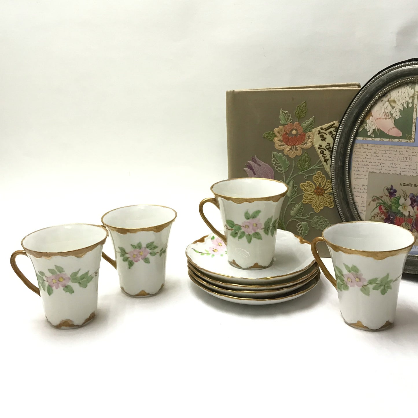 4 Hand Painted Demitasse Tea Cups & Saucers, Signed Do It Yourself Pieces, Dated 1987