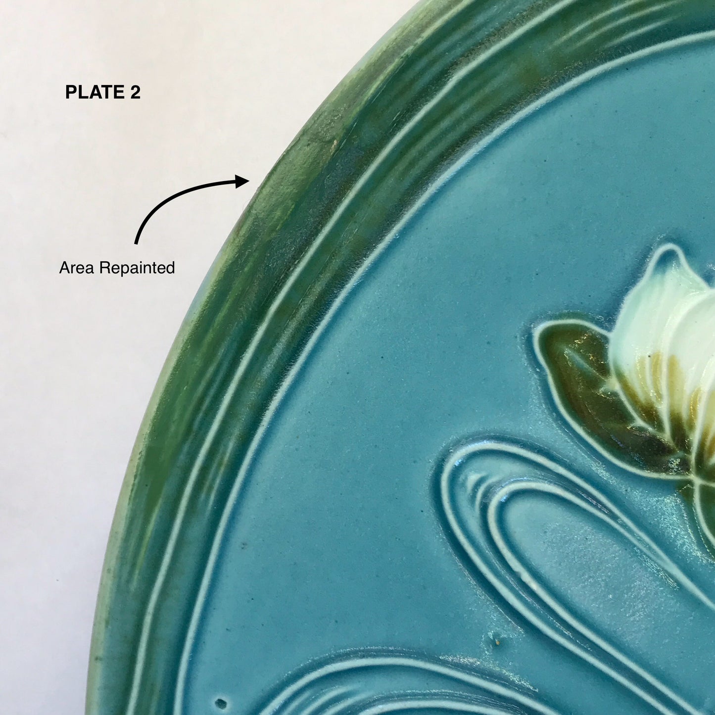 2 Majolica Waterlily Plates RESTORED, Baden Ceramics, Aqua and Green Wall Plate Decor