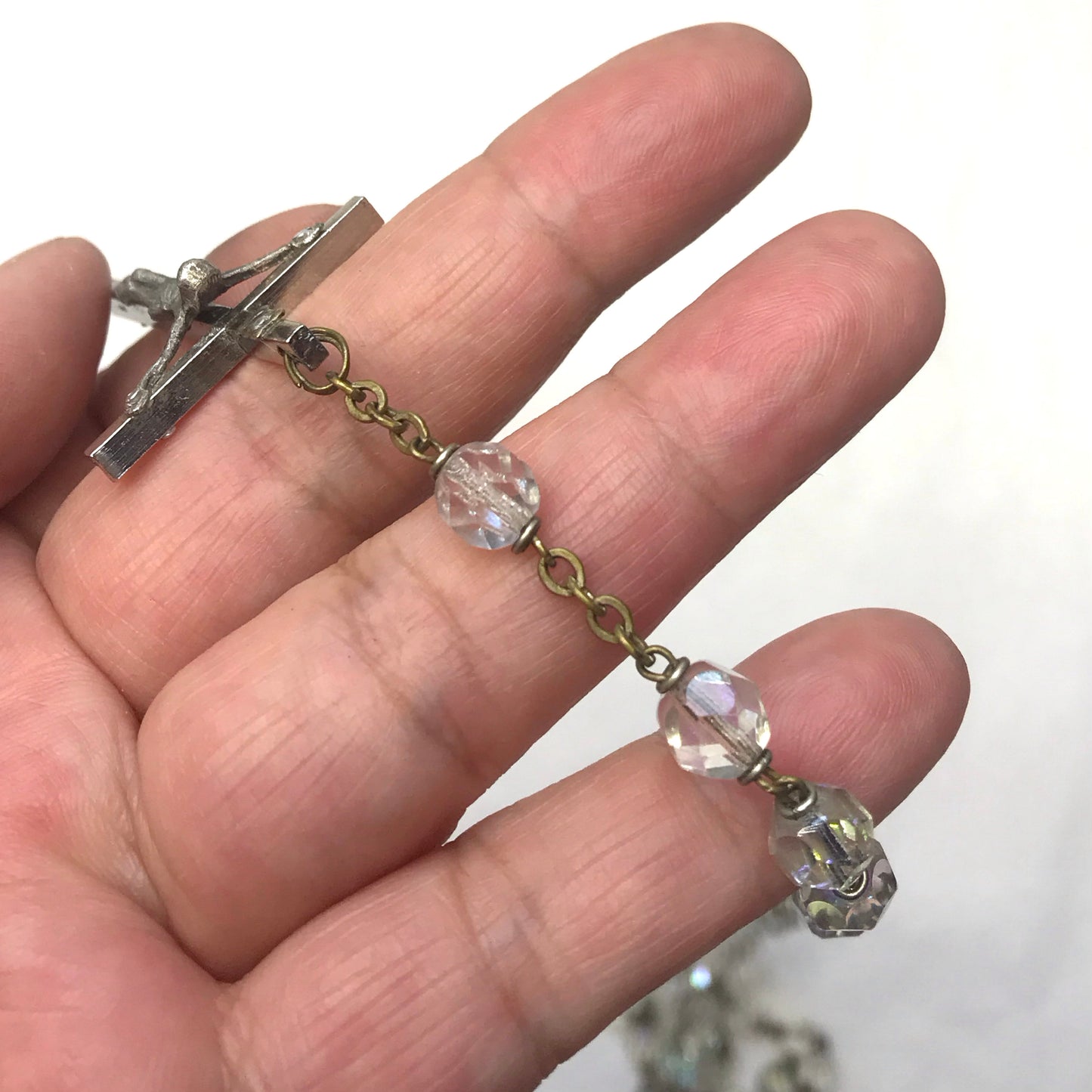 Vintage Iridescent Faceted Glass Rosary Beads on Brass Chain